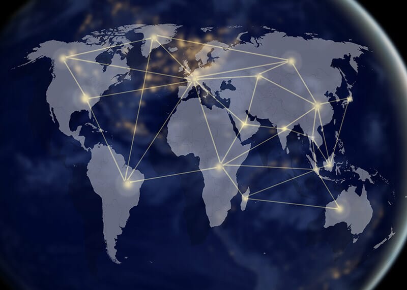 global map showing a network of connections for businesses