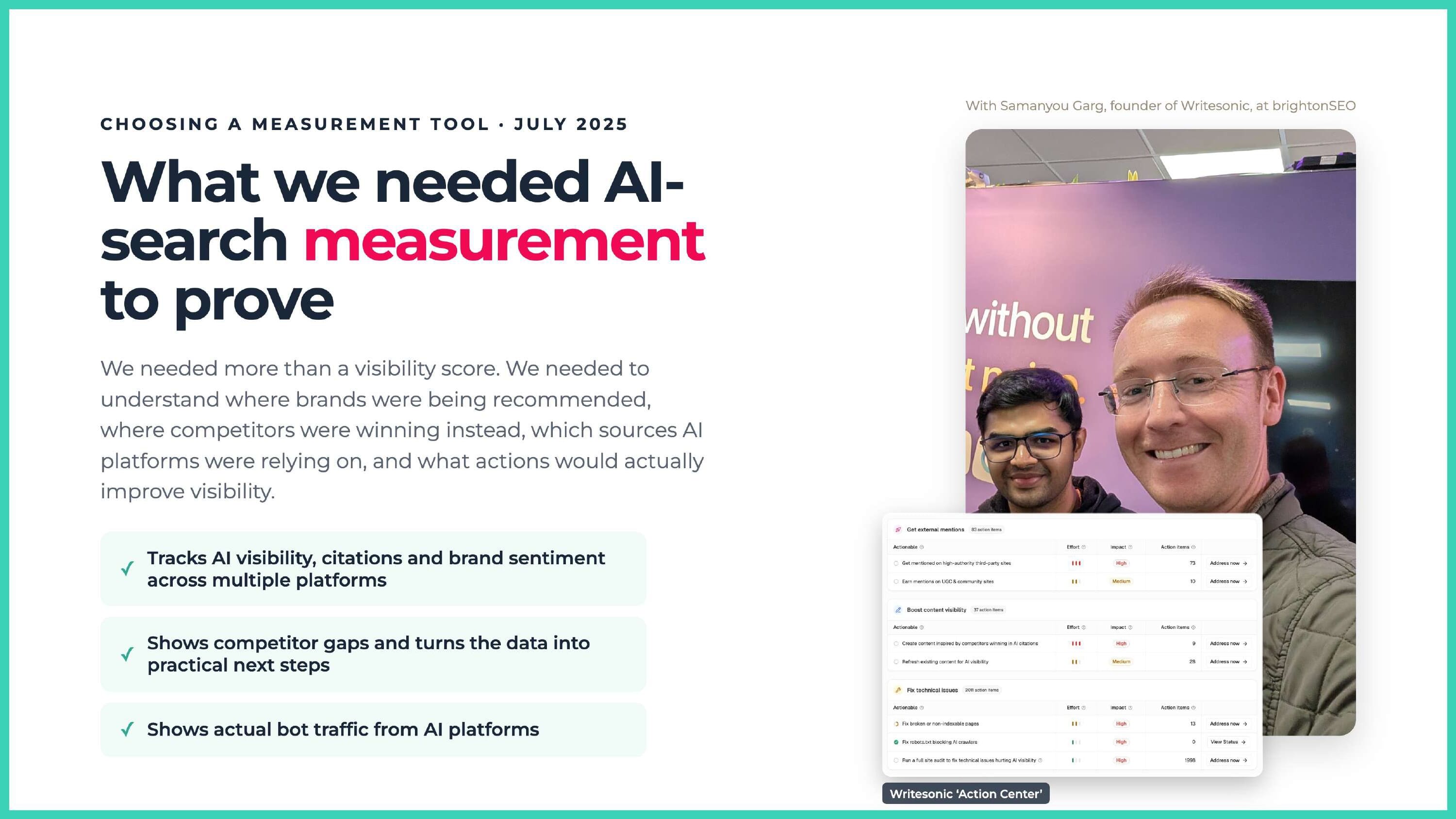Slide on how to benchmark AI visibility: non-branded prompts, a competitor set, platforms like ChatGPT, Gemini and Perplexity, and outputs such as share of voice and citation share. 