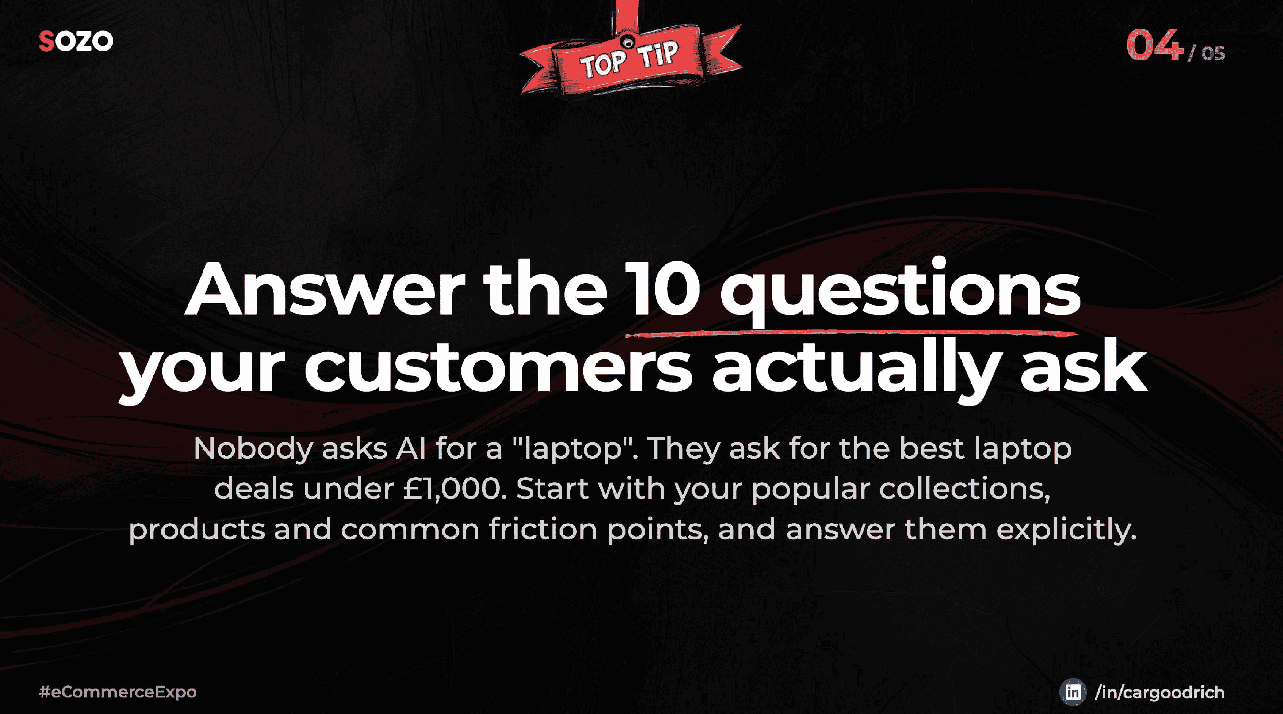 eCommerce Expo top tip slide on answering the 10 questions customers ask, such as the best laptop deals under £1,000